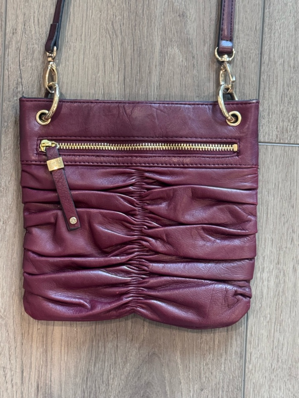 Etienne Aigner Burgundy Ruched Leather Crossbody with Gold Hardware - Picture 7 of 12